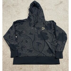 Puma Women's Medium Black Hoodie With White Floral Outlines And Gold Logo